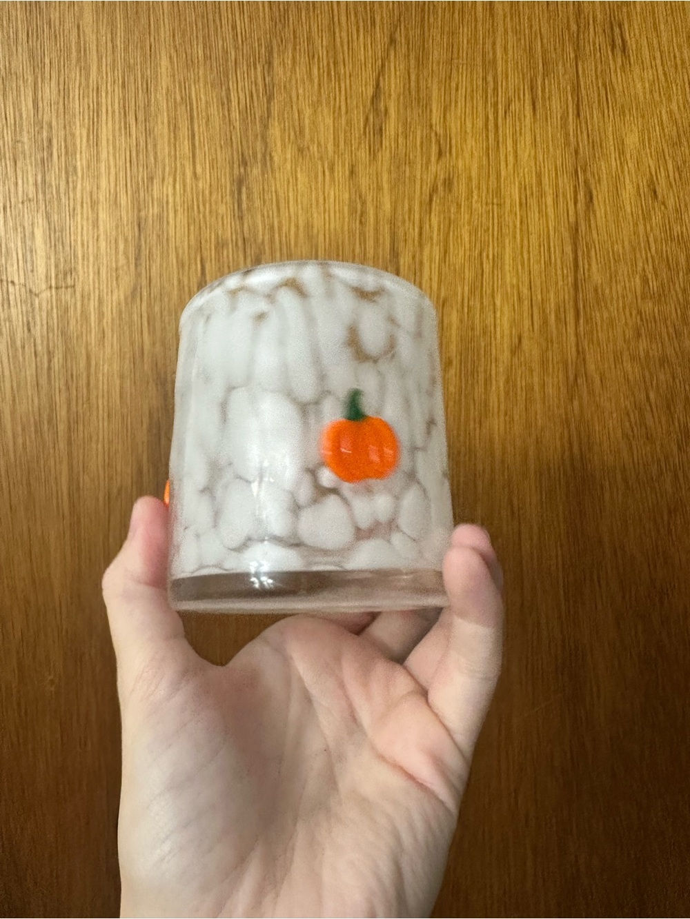 Anthropologie hand blown White Speckled Glass Tumbler with Pumpkin Accent - Picture 2 of 5